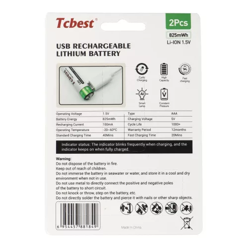 TCBEST újratölthető R3 (AAA) elem 220 mAh, USB-C csatlakozóval és töltőkábellel (2db)
