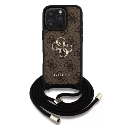 Guess PU 4G Metal Logo Crossbody Strap iPhone 16 Pro hátlap tok, barna