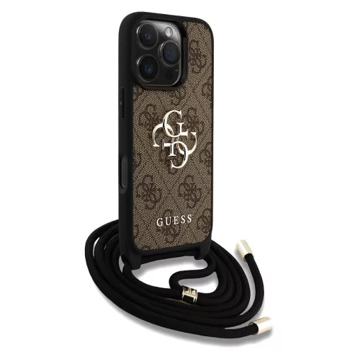 Guess PU 4G Metal Logo Crossbody Strap iPhone 16 Pro hátlap tok, barna