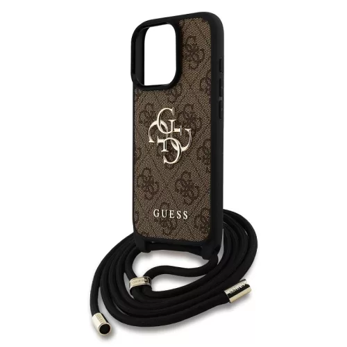 Guess PU 4G Metal Logo Crossbody Strap iPhone 16 Pro hátlap tok, barna