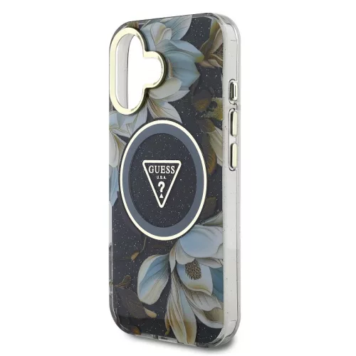 Guess IML Glitter Magnolia and Triangle Logo iPhone 16 MagSafe hátlap tok, fekete
