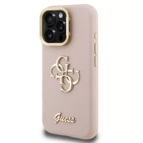 Guess PU Grained 4G Logo Stand Camera Frame iPhone 16 Pro hátlap tok kitámasztóval, rózsaszín