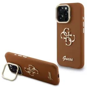   Guess PU Grained 4G Logo Stand Camera Frame iPhone 16 Pro Max hátlap tok kitámasztóval, barna