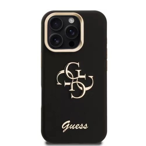 Guess PU Grained 4G Logo Stand Camera Frame iPhone 15 Pro hátlap tok kitámasztóval, fekete