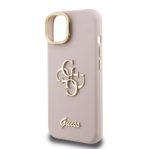 Guess PU Grained 4G Logo Stand Camera Frame iPhone 15 hátlap tok kitámasztóval, rózsaszín