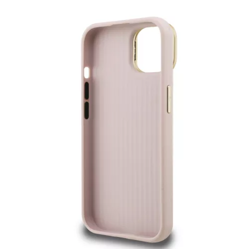 Guess PU Grained 4G Logo Stand Camera Frame iPhone 15 hátlap tok kitámasztóval, rózsaszín