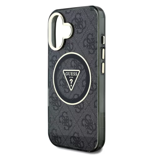 Guess IML 4G Glitter and Triangle Logo iPhone 16 MagSafe kemény hátlap tok, fekete