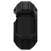 Bluetooth fülhallgató töltőtok tartó, szilikon, vezeték nélküli töltés támogatás, karabiner, Apple AirPods 3 kompatibilis, Spigen Tough Armor, fekete