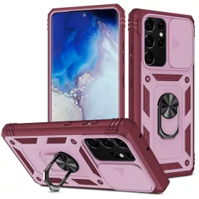   Apple iPhone 13 Pro, Műanyag hátlap védőtok és előlapi keret, szilikon belső, közepesen ütésálló, kamera védelem, telefontartó gyűrű, Wooze Military Armor, piros/rózsaszín