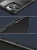 Apple iPhone 13 Pro Max, Szilikon keret + műanyag hátlap tok, közepesen ütésálló, légpárnás sarok, karbon minta, átlátszó/kék
