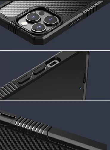 Apple iPhone 13 Pro Max, Szilikon keret + műanyag hátlap tok, közepesen ütésálló, légpárnás sarok, karbon minta, átlátszó/kék