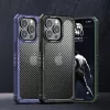 Apple iPhone 13 Pro Max, Szilikon keret + műanyag hátlap tok, közepesen ütésálló, légpárnás sarok, karbon minta, átlátszó/kék