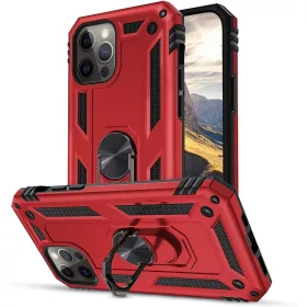   Apple iPhone 14 Pro Max, Műanyag hátlap védőtok, közepesen ütésálló, szilikon belső, telefontartó gyűrű, Defender, piros