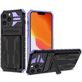   Apple iPhone 13 Pro Max, Műanyag hátlap védőtok szilikon belső, közepesen ütésálló, kitámasztóval, kártyatartóval, Wooze Transformer, fekete/lila