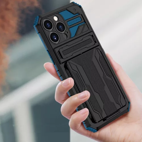 Apple iPhone 13 Pro, Műanyag hátlap védőtok szilikon belső, közepesen ütésálló, kitámasztóval, kártyatartóval, Wooze Transformer, fekete/piros