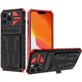   Apple iPhone 14 Pro Max, Műanyag hátlap védőtok szilikon belső, közepesen ütésálló, kitámasztóval, kártyatartóval, Wooze Transformer, fekete/piros