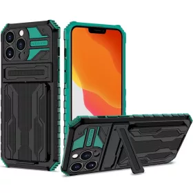   Samsung Galaxy A03 SM-A035F, Műanyag hátlap védőtok szilikon belső, közepesen ütésálló, kitámasztóval, kártyatartóval, Wooze Transformer, fekete/zöld