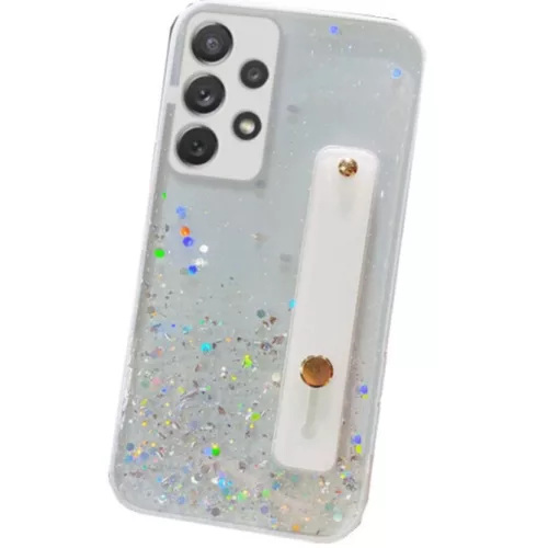 Apple iPhone 12, Szilikon tok, közepesen ütésálló, kézpánttal, színátmenetes, csillogó minta, Wooze Strap Star, mintás/fehér