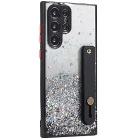   Apple iPhone 11 Pro, Szilikon tok, közepesen ütésálló, kézpánttal, színátmenetes, csillogó minta, Wooze Strap Star, mintás/fekete