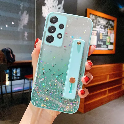 Apple iPhone 14 Pro Max, Szilikon tok, közepesen ütésálló, kézpánttal, színátmenetes, csillogó minta, Wooze Strap Star, mintás/menta