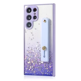   Apple iPhone 14 Pro, Szilikon tok, közepesen ütésálló, kézpánttal, színátmenetes, csillogó minta, Wooze Strap Star, mintás/lila