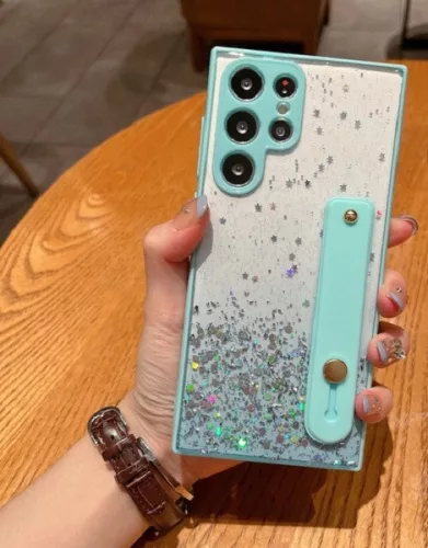 Apple iPhone 14 Pro, Szilikon tok, közepesen ütésálló, kézpánttal, színátmenetes, csillogó minta, Wooze Strap Star, mintás/menta