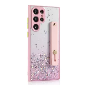   Samsung Galaxy A03 Core SM-A032F, Szilikon tok, közepesen ütésálló, kézpánttal, színátmenetes, csillogó minta, Wooze Strap Star, mintás/rózsaszín
