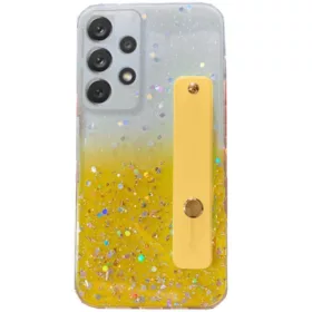   Samsung Galaxy A22 4G SM-A225F, Szilikon tok, közepesen ütésálló, kézpánttal, színátmenetes, csillogó minta, Wooze Strap Star, mintás/sárga