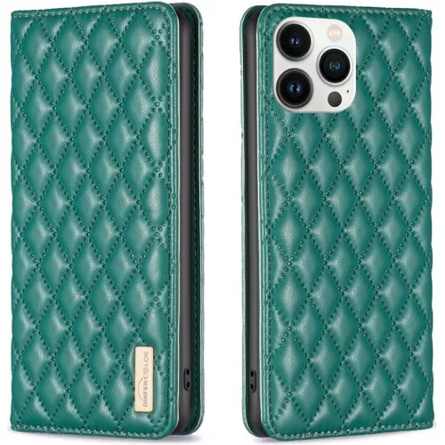 Apple iPhone 14 Plus, Oldalra nyíló tok, stand, kártyatartóval, 3D rombusz minta, Wooze Pillow, zöld