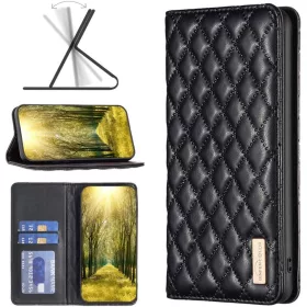   Samsung Galaxy A03s SM-A037F, Oldalra nyíló tok, stand, kártyatartóval, 3D rombusz minta, Wooze Pillow, fekete