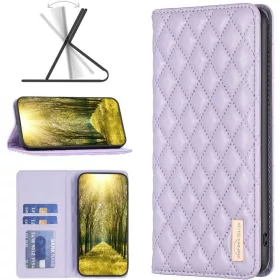   Samsung Galaxy A42 5G / M42 5G SM-A426B / M426B, Oldalra nyíló tok, stand, kártyatartóval, 3D rombusz minta, Wooze Pillow, lila