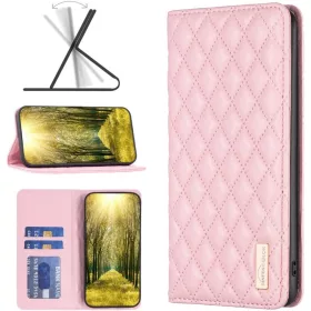   Samsung Galaxy A73 5G SM-A736B, Oldalra nyíló tok, stand, kártyatartóval, 3D rombusz minta, Wooze Pillow, rózsaszín