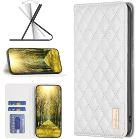   Samsung Galaxy M13 4G SM-M135F, Oldalra nyíló tok, stand, kártyatartóval, 3D rombusz minta, Wooze Pillow, fehér