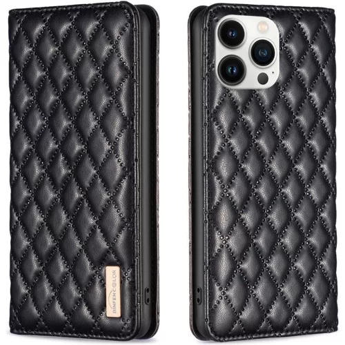 Xiaomi Poco M3, Oldalra nyíló tok, stand, kártyatartóval, 3D rombusz minta, Wooze Pillow, fekete
