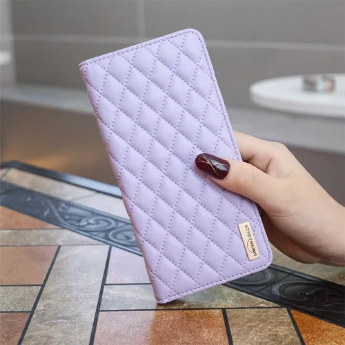 Samsung Galaxy S22 Plus 5G SM-S906, Oldalra nyíló tok, stand, kártyatartóval, 3D rombusz minta, Wooze Pillow, lila