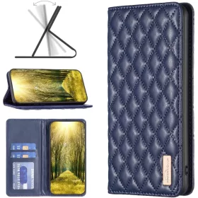   Samsung Galaxy S23 Plus SM-S916, Oldalra nyíló tok, stand, kártyatartóval, 3D rombusz minta, Wooze Pillow, kék