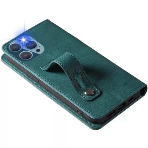 Samsung Galaxy A73 5G SM-A736B, Oldalra nyíló tok, stand, kártyatartóval, kézpánttal, Wooze Business Plus, zöld