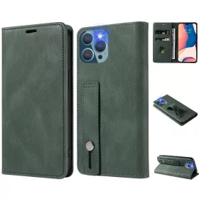  Samsung Galaxy M23 5G SM-M236B, Oldalra nyíló tok, stand, kártyatartóval, kézpánttal, Wooze Business Plus, sötétzöld