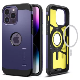   Apple iPhone 14 Pro Max, Szilikon tok + műanyag hátlap, Magsafe töltővel kompatibilis, kitámasztóval, Spigen Tough Armor Mag, lila