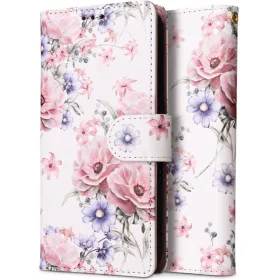   Samsung Galaxy M13 4G SM-M135F, Oldalra nyíló tok, stand, mágnes csattal, virág minta, TP Wallett Blossom Flower, fehér/színes