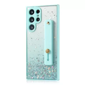   Apple iPhone 15 Pro Max, Szilikon tok, közepesen ütésálló, kézpánttal, színátmenetes, csillogó minta, Wooze Strap Star, mintás/menta