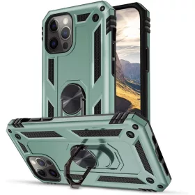   Apple iPhone 15 Pro, Műanyag hátlap védőtok, közepesen ütésálló, szilikon belső, telefontartó gyűrű, Defender, zöld