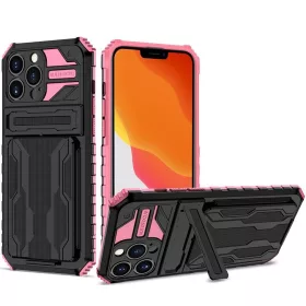   Apple iPhone 15 Plus, Műanyag hátlap védőtok szilikon belső, közepesen ütésálló, kitámasztóval, kártyatartóval, Wooze Transformer, fekete/rózsaszín