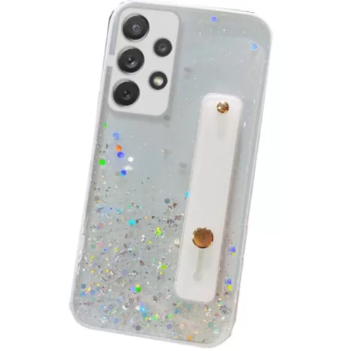 Apple iPhone 15 Plus, Szilikon tok, közepesen ütésálló, kézpánttal, színátmenetes, csillogó minta, Wooze Strap Star, mintás/fehér