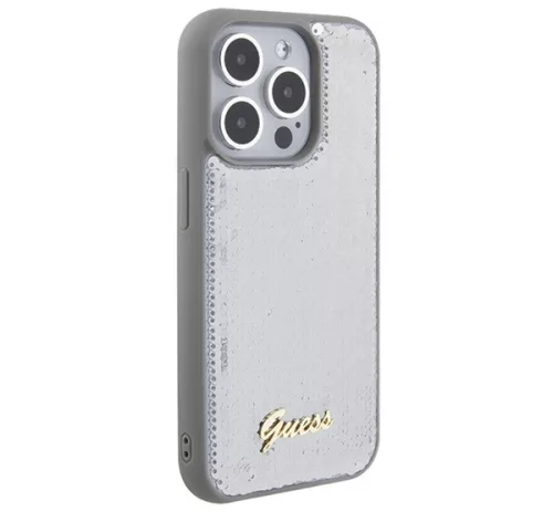 Guess Sequin Script Metal Apple iPhone 15 Pro Max hátlap tok, ezüst