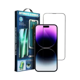   Apple iPhone 15 Plus / iPhone 16 Plus 5D Full Glue hajlított tempered glass kijelzővédő üvegfólia felhelyezőkerettel, fekete