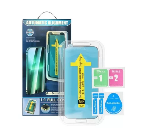 Apple iPhone 15 Plus / iPhone 16 Plus 5D Full Glue hajlított tempered glass kijelzővédő üvegfólia felhelyezőkerettel, fekete