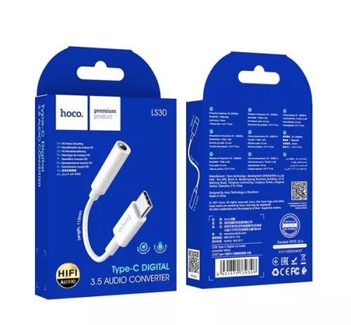 Hoco LS30 USB-C - 3,5mm Jack átalakító, fehér