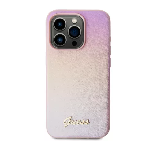 Guess PU Leather Iridescent Metal Script iPhone 15 Pro tok, rózsaszín