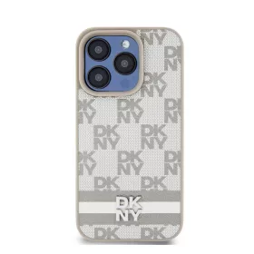   DKNY PU Leather Checkered Pattern and Stripe Apple iPhone 15 Pro tok, bézs